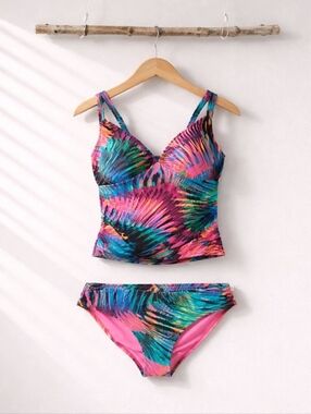 Women Multi-Color Tropical Print Tankini Swim Set